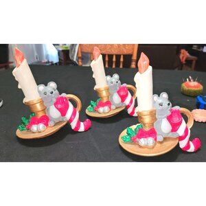 3 Vintage Mouse Stocking Holders Candy Cane Holly Christmas Decor
